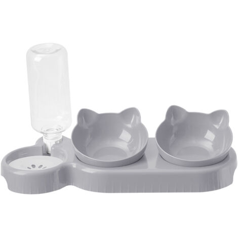Grey Pet Feeder 15°Tilt 3-in-1 Cat Double Food Bowls with Automatic Water Bottle Bowl (1/5)
