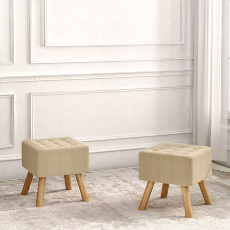 Square Modern Linen Upholstered Footstool Wooden Legs, Beige