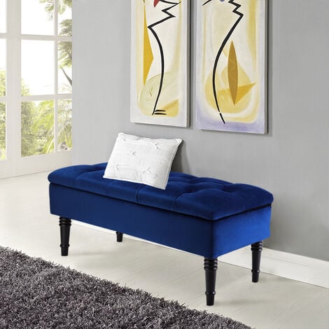 Livingandhome Buttoned Velvet Ottoman Storage Footstool, Royal Blue