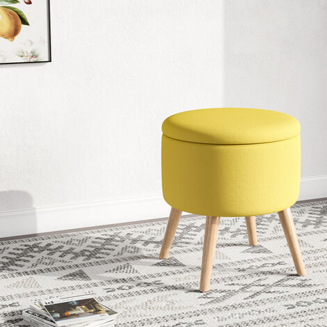 Yellow Storage Footstool Ottoman Linen Fabric Pouffe Chair