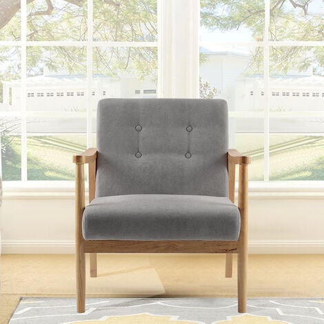 Accent Chair Wooden Frame Fabric Button Back Chair Armchair Seat Grey