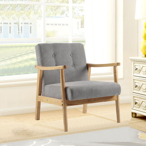 Accent Linen Fabric Buttoned Armchair Wooden Frame, Grey