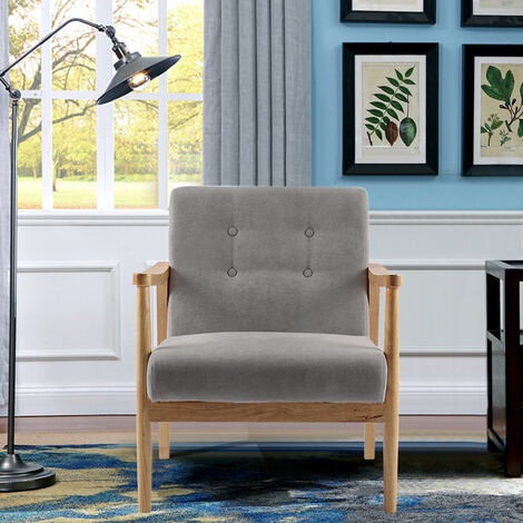 Accent Linen Fabric Buttoned Armchair Wooden Frame, Grey