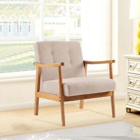 Accent Linen Fabric Buttoned Armchair Wooden Frame, Beige
