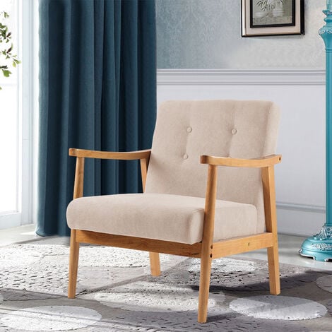 Accent Linen Fabric Buttoned Armchair Wooden Frame, Beige