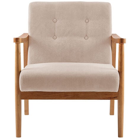 Accent Linen Fabric Buttoned Armchair Wooden Frame, Beige