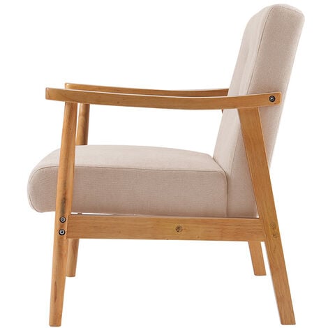 Accent Linen Fabric Buttoned Armchair Wooden Frame, Beige