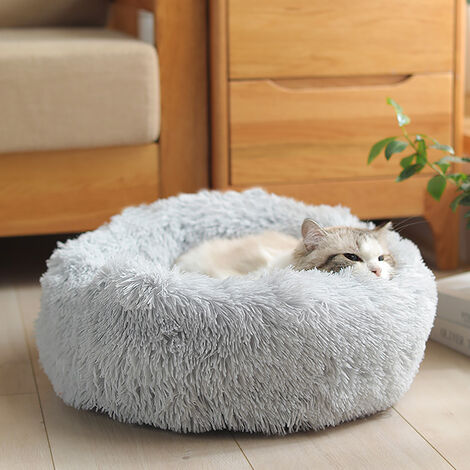 Light Grey Round Cat Dog Cushion Faux Fur Fluffy Shaggy Sheepskin Pet Bed, 50CM