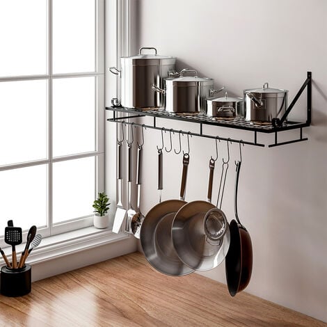 Relaxdays Wall Mounted Kitchen Rack with Hooks, 2 Shelves, HWD: 50 x 45 x  14 cm