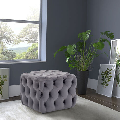50CM Square Velvet Buttoned Footstool, Grey