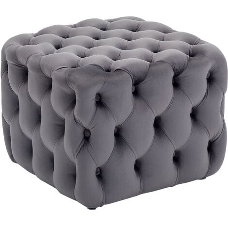 50CM Square Velvet Buttoned Footstool, Grey