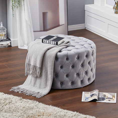 Livingandhome 82CM Round Frosted Velvet Buttoned Footstool, Light Grey