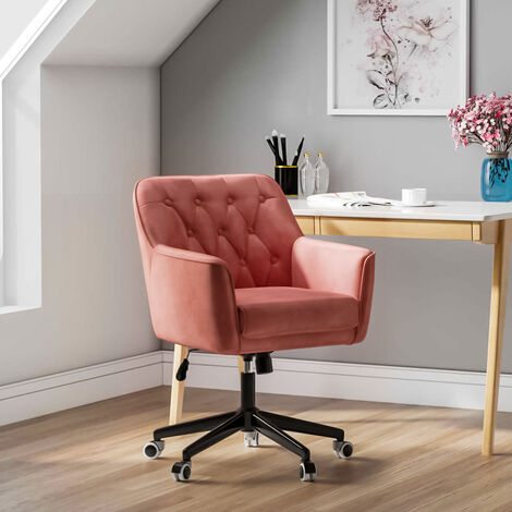 Velvet Buttoned Adjustable Swivel Office Chair, Rose Pink