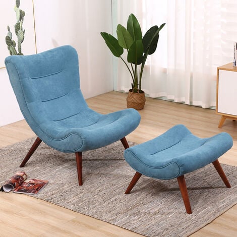 Chenille Recline Lounge Chair And Footstool, Blue