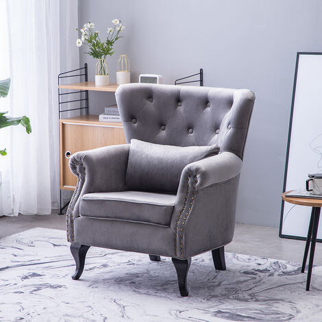 Grey Velvet Armchair with Thick Cushion and Lumbar Pillow