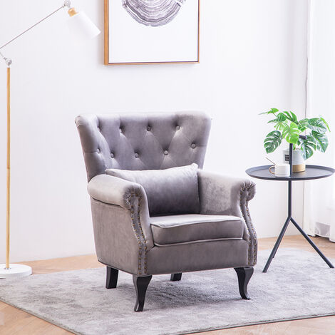 Grey Velvet Armchair with Thick Cushion and Lumbar Pillow