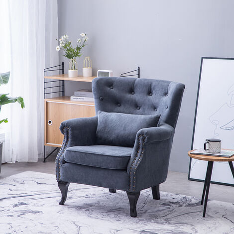 Chenille Wingback Armchair with Thick Cushion and Lumbar Pillow, Dark Grey