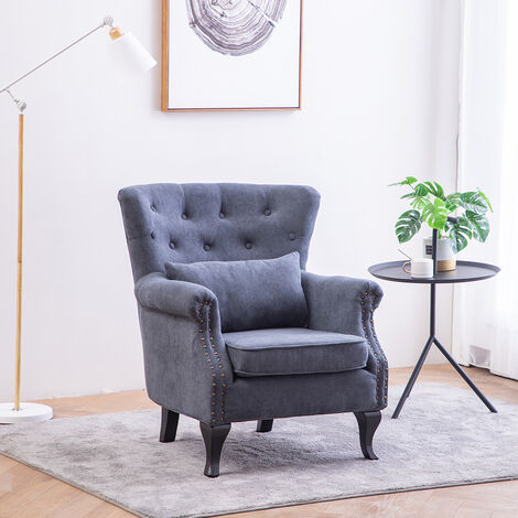 Chenille Wingback Armchair with Thick Cushion and Lumbar Pillow, Dark Grey
