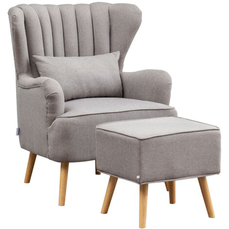 Grey Linen Armchair with Footstool and Pillow