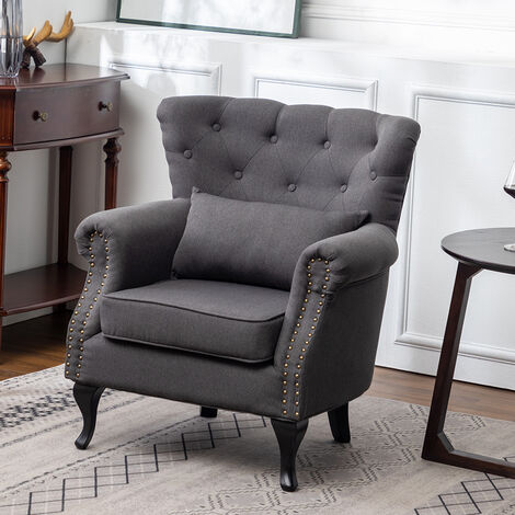 Chesterfield Armchair Thick Cushion with Lumbar Pillow, Dark Grey