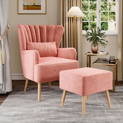 Pink velvet chair online and footstool