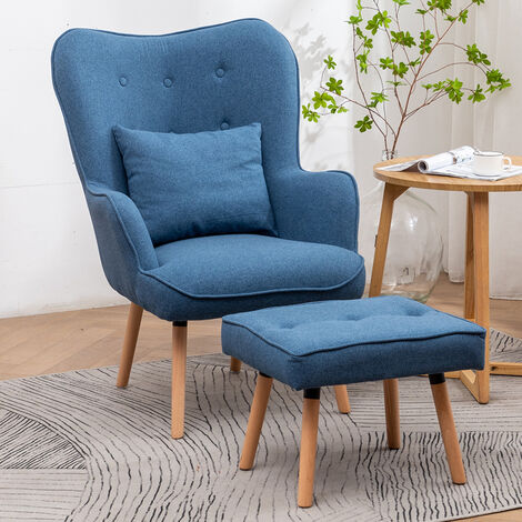 Livingandhome Linen Wingback Lounge Armchair with Footstool and Pillow, Blue
