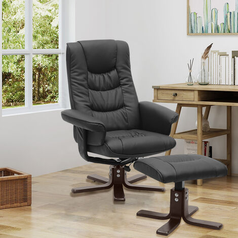 PU Leather Swivel Reclining Office Armchair with Footstool, Black