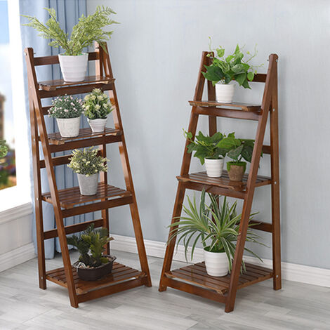 Wooden Ladder Shelf Bookshelf Plant Pot Stand Storage Display, Dark Brown 3-Tier