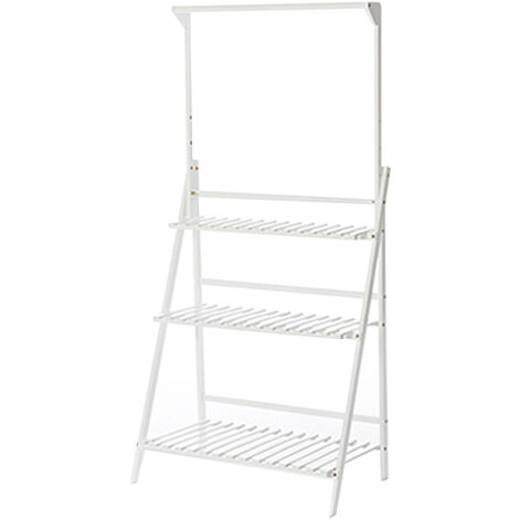 3 Tier Ladder Foldable Plant Stand with Hanging Bar, White