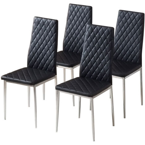 Set Of 4 Pvc Black Grid Dining Chairs, Black And White Leather Dining Room Chairs With Chrome Legs Set Of 4