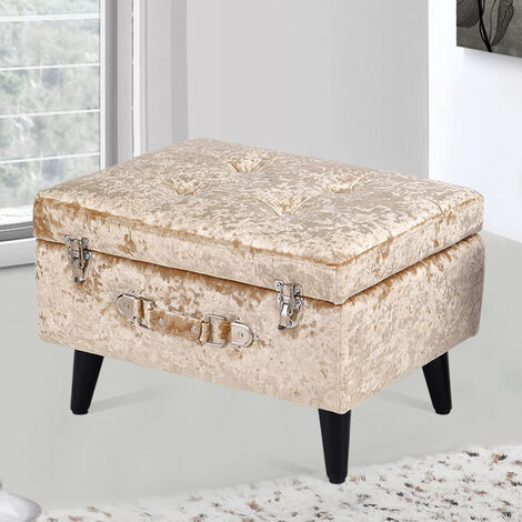 Livingandhome 49CM Crushed Velvet Buttoned Storage Footstool Suitcase Design, Beige