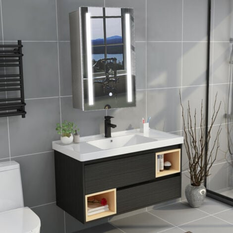 LED Illuminated Bathroom Mirror Cabinet with Lights Touch Switch Demister Pad Shaver Socket, 700x500MM