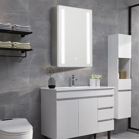 LED Illuminated Bathroom Mirror Cabinet with Lights Touch Switch Demister Pad Shaver Socket, 700x500MM