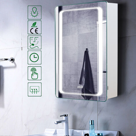 LED Illuminated Wall Mounted Bathroom Mirror Cabinet with Sensor Shaver Socket Demister Pad 700x500MM