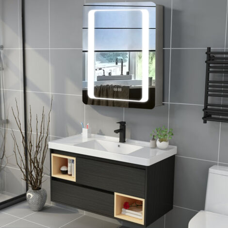 LED Illuminated Wall Mounted Bathroom Mirror Cabinet with Sensor Shaver ...