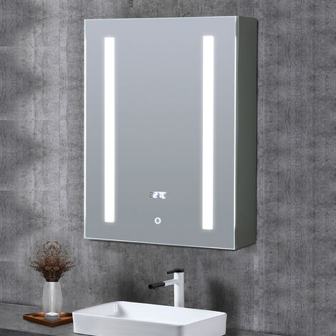 Led Illuminated Bathroom Mirror Cabinet With Touch Switch Shaver Socket Demister Temperature Display 600x450mm - Best Illuminated Bathroom Mirror Cabinet