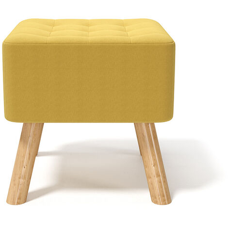 Square Modern Linen Upholstered Footstool Wooden Legs, Yellow