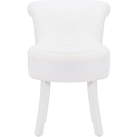 Plush Shaggy Plush Vanity Stool White Wooden Legs, White