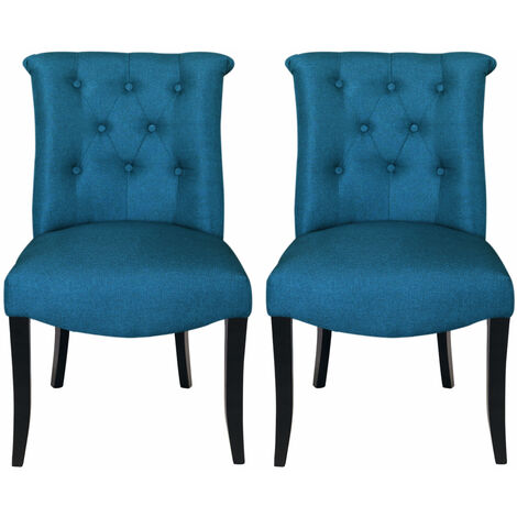 Set of 2 Chesterfield Linen Fabric Dining Chairs, Blue