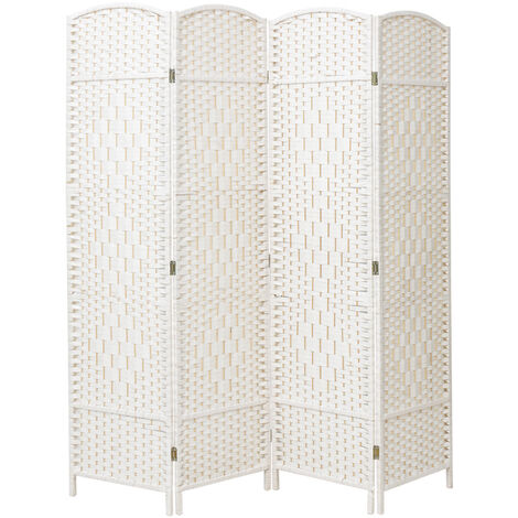 White Solid Weave Wicker Wood Room Divider, 4 Panel