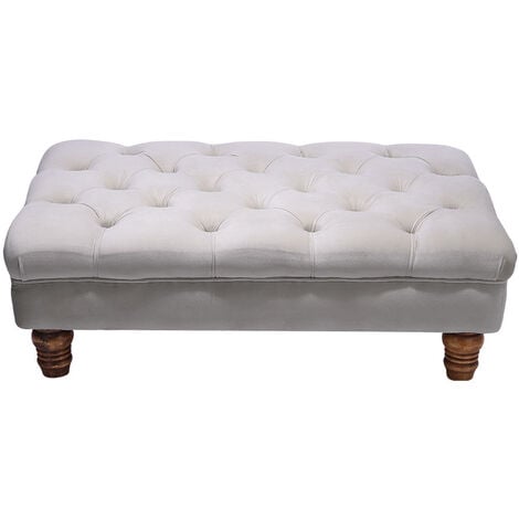 Velvet Buttoned Thick Padded Footstool with Wood Legs, Grey