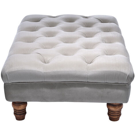 Velvet Buttoned Thick Padded Footstool with Wood Legs, Grey