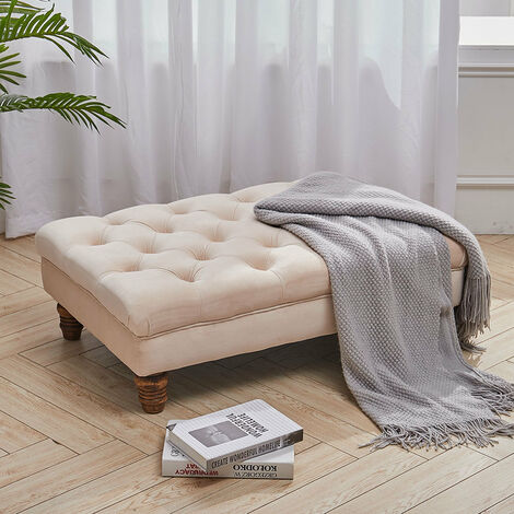 Velvet Buttoned Thick Padded Footstool with Wood Legs, Beige