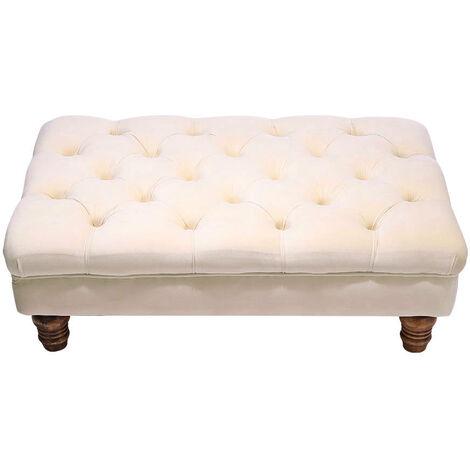 Velvet Buttoned Thick Padded Footstool with Wood Legs, Beige
