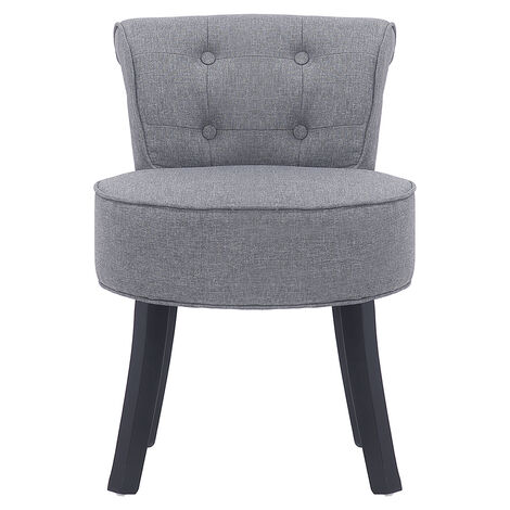 Linen Buttoned Vanity Stool Thick Padded Black Wooden Legs, Light Grey