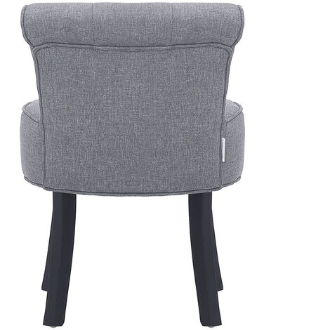 Linen Buttoned Vanity Stool Thick Padded Black Wooden Legs, Light Grey
