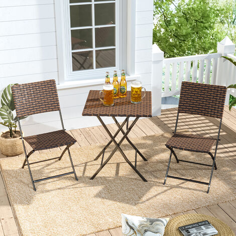 Livingandhome Set of 3 Rattan Garden Foldable Coffee Table and Chairs Set, Brown