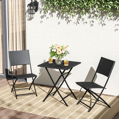 Set of 3 Rattan Garden Foldable Coffee Table and Chairs Set, Black