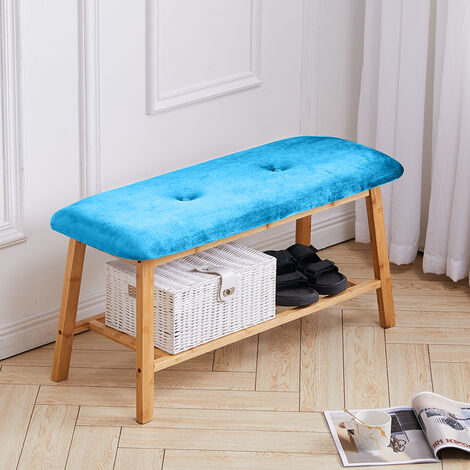 Bamboo 2 Tier Hallway Bench Shoe Rack Stand Organiser With Upholstered Seat - Blue