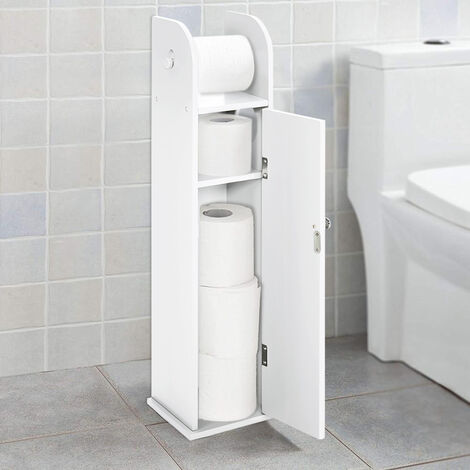White Wooden Freestanding Toilet Roll Holder & Bathroom Storage Cabinet 